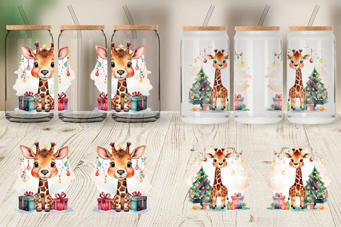 Glass Can Watercolor Christmas Giraffe Sublimation artnoy 