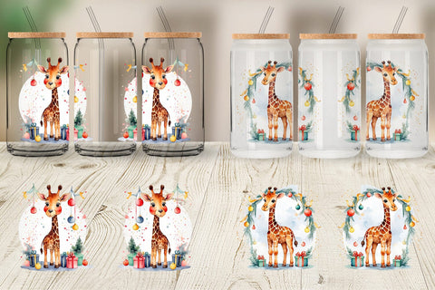 Glass Can Watercolor Christmas Giraffe Sublimation artnoy 