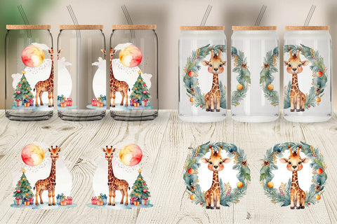 Glass Can Watercolor Christmas Giraffe Sublimation artnoy 