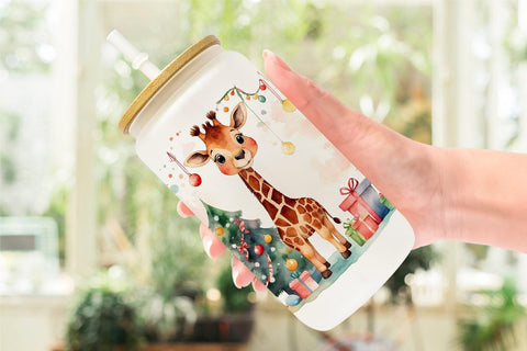 Glass Can Watercolor Christmas Giraffe Sublimation artnoy 