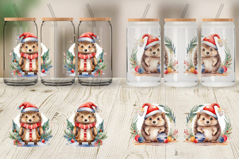 Glass Can Watercolor Christmas Hedgehog Sublimation artnoy 