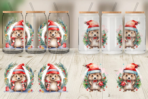 Glass Can Watercolor Christmas Hedgehog Sublimation artnoy 
