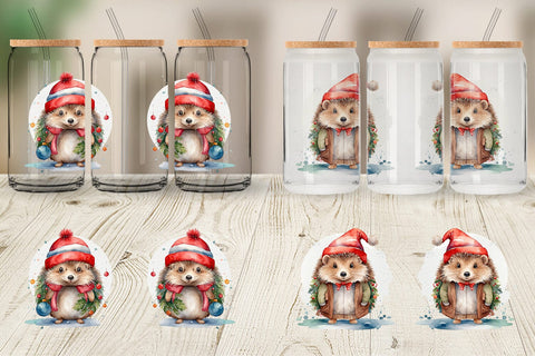 Glass Can Watercolor Christmas Hedgehog Sublimation artnoy 