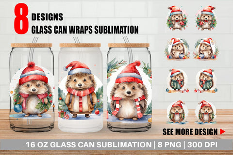 Glass Can Watercolor Christmas Hedgehog Sublimation artnoy 