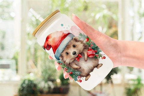 Glass Can Watercolor Christmas Hedgehog Sublimation artnoy 