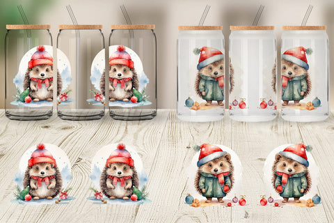 Glass Can Watercolor Christmas Hedgehog Sublimation artnoy 