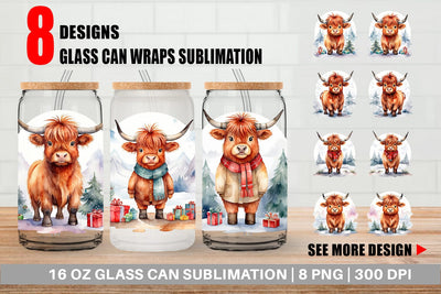 Glass Can Watercolor Christmas Highland Cow Sublimation artnoy 