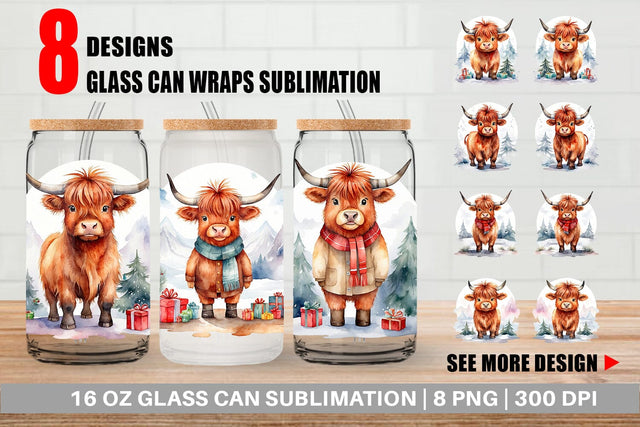 Glass Can Watercolor Christmas Highland Cow Sublimation artnoy 