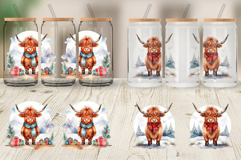 Glass Can Watercolor Christmas Highland Cow Sublimation artnoy 