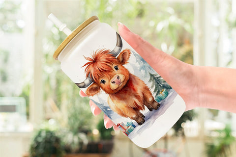 Glass Can Watercolor Christmas Highland Cow Sublimation artnoy 