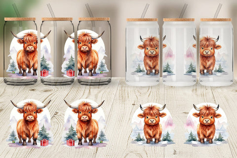 Glass Can Watercolor Christmas Highland Cow Sublimation artnoy 