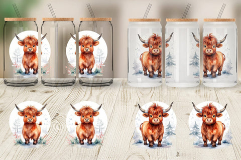 Glass Can Watercolor Christmas Highland Cow Sublimation artnoy 