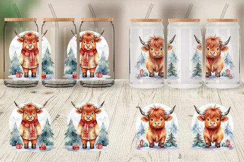 Glass Can Watercolor Christmas Highland Cow Sublimation artnoy 