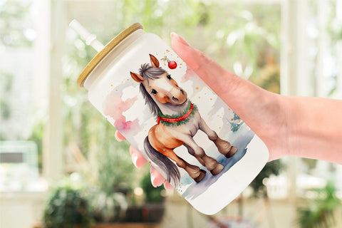 Glass Can Watercolor Christmas Horse Sublimation artnoy 