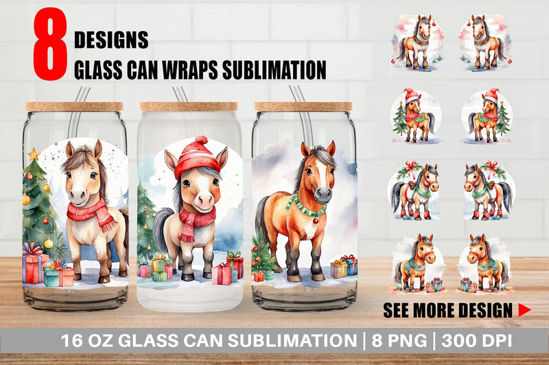Glass Can Watercolor Christmas Horse Sublimation artnoy 