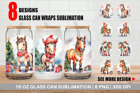 Glass Can Watercolor Christmas Horse Sublimation artnoy 