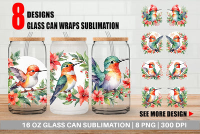 Glass Can Watercolor Christmas Hummingbird Sublimation artnoy 