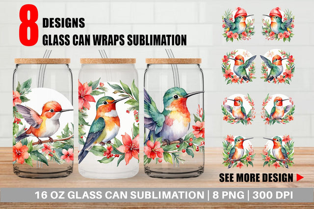 Glass Can Watercolor Christmas Hummingbird Sublimation artnoy 