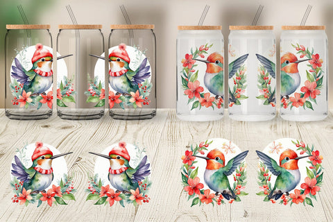 Glass Can Watercolor Christmas Hummingbird Sublimation artnoy 