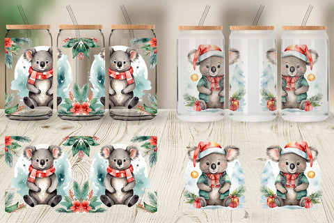 Glass Can Watercolor Christmas Koala Sublimation artnoy 