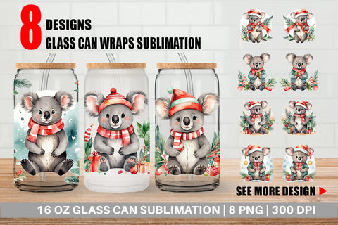 Glass Can Watercolor Christmas Koala Sublimation artnoy 