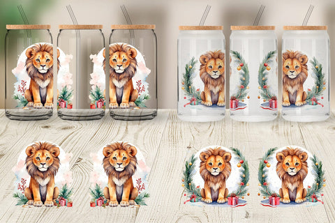 Glass Can Watercolor Christmas Lion Sublimation artnoy 