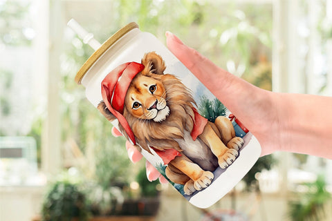 Glass Can Watercolor Christmas Lion Sublimation artnoy 