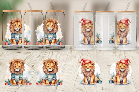 Glass Can Watercolor Christmas Lion Sublimation artnoy 