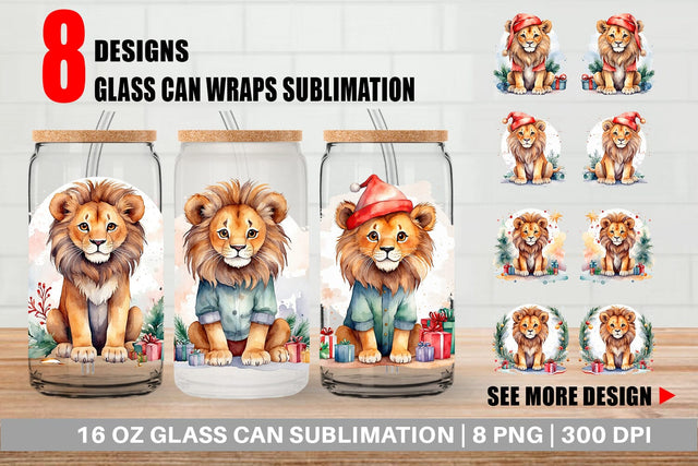 Glass Can Watercolor Christmas Lion Sublimation artnoy 
