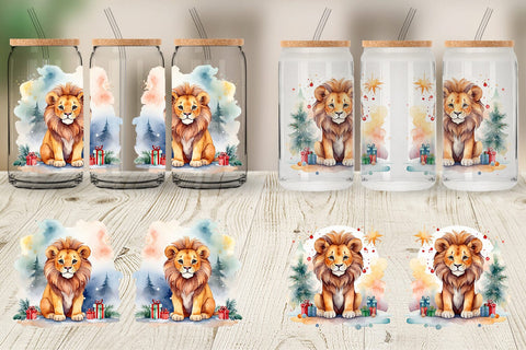 Glass Can Watercolor Christmas Lion Sublimation artnoy 