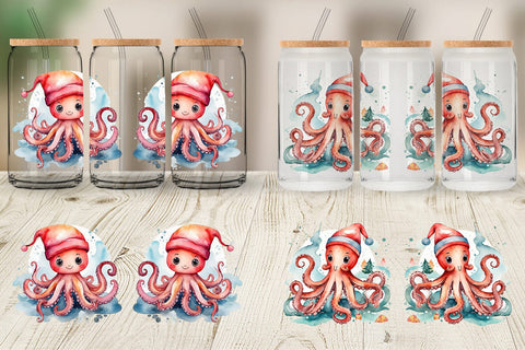 Glass Can Watercolor Christmas Octopus Sublimation artnoy 