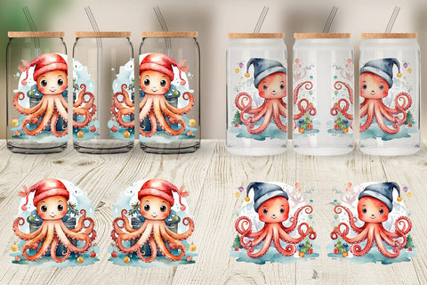 Glass Can Watercolor Christmas Octopus Sublimation artnoy 