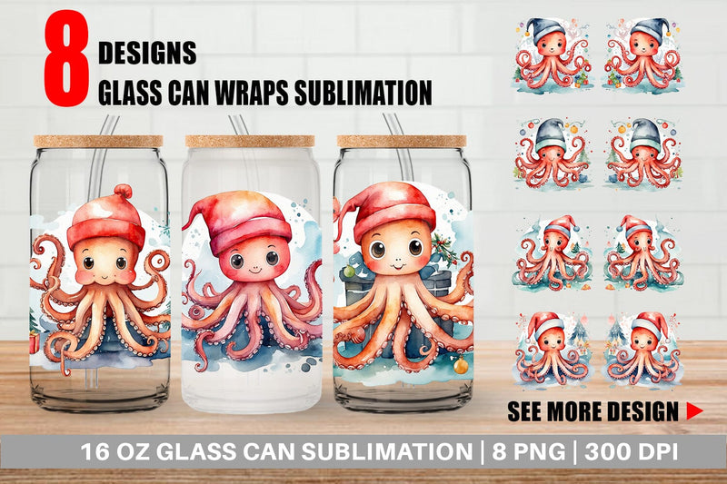 Glass Can Watercolor Christmas Octopus Sublimation artnoy 