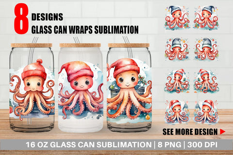 Glass Can Watercolor Christmas Octopus Sublimation artnoy 