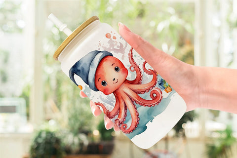 Glass Can Watercolor Christmas Octopus Sublimation artnoy 