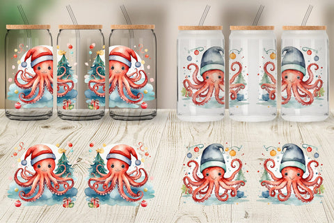 Glass Can Watercolor Christmas Octopus Sublimation artnoy 