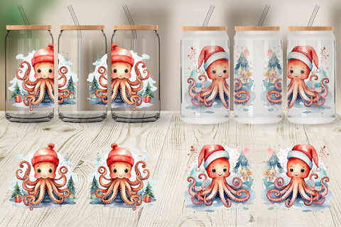 Glass Can Watercolor Christmas Octopus Sublimation artnoy 