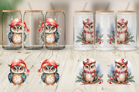 Glass Can Watercolor Christmas Owl Sublimation artnoy 