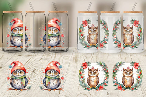 Glass Can Watercolor Christmas Owl Sublimation artnoy 