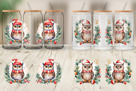 Glass Can Watercolor Christmas Owl Sublimation artnoy 