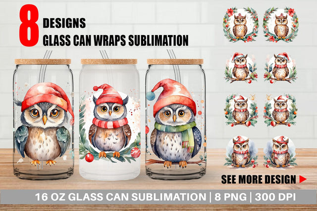 Glass Can Watercolor Christmas Owl Sublimation artnoy 