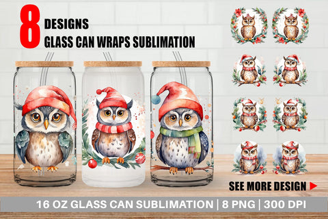 Glass Can Watercolor Christmas Owl Sublimation artnoy 