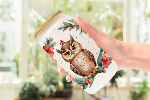 Glass Can Watercolor Christmas Owl Sublimation artnoy 