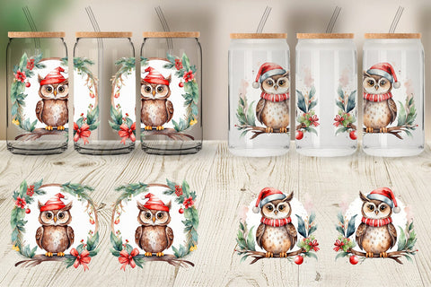 Glass Can Watercolor Christmas Owl Sublimation artnoy 
