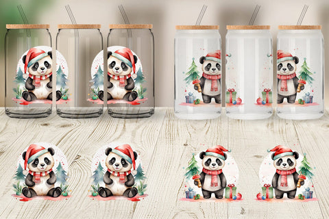 Glass Can Watercolor Christmas Panda Sublimation artnoy 