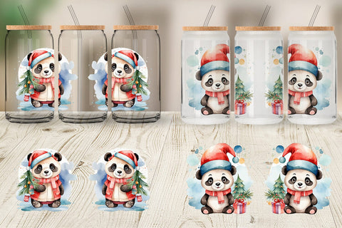 Glass Can Watercolor Christmas Panda Sublimation artnoy 