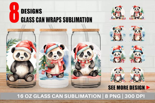 Glass Can Watercolor Christmas Panda Sublimation artnoy 