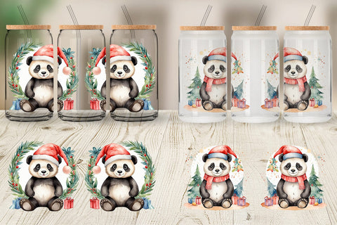 Glass Can Watercolor Christmas Panda Sublimation artnoy 