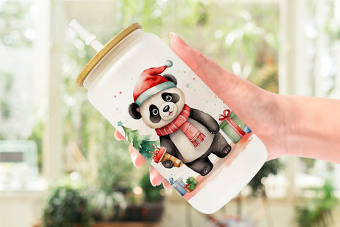 Glass Can Watercolor Christmas Panda Sublimation artnoy 