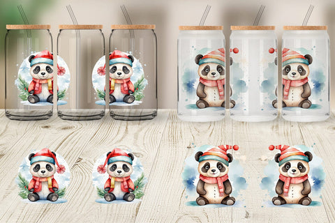Glass Can Watercolor Christmas Panda Sublimation artnoy 